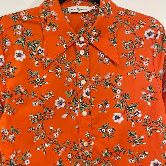 New Tory Burch Orange Floral Cotton Poplin Shirt sz 6 $228 - Picture 6 of 11